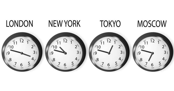 Four clocks with the world's financial cities show local time relative to other clocks on the wall. Looped 4k animation