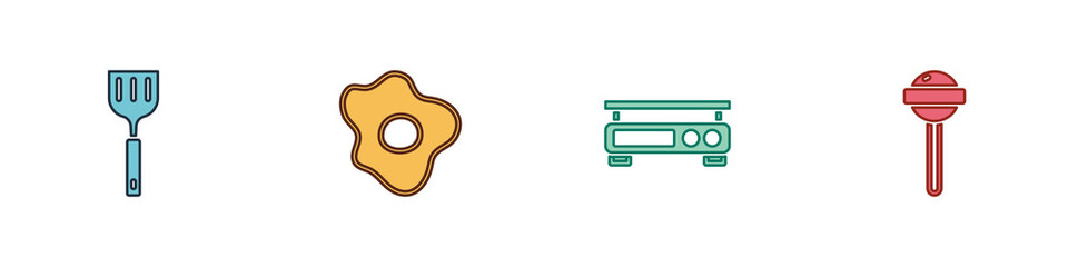 Set Spatula, Scrambled eggs, Electronic scales and Lollipop icon. Vector.