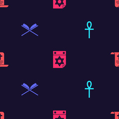 Set Cross ankh, Holy book of Koran, Jewish calendar and Decree, paper, parchment, scroll on seamless pattern. Vector.
