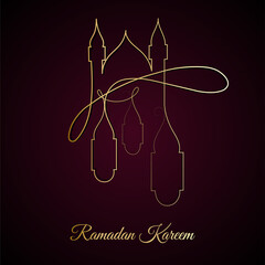 Vector Illustration of Golden Ramadan Kareem Line Art Drawing. Good for Greeting Card, Cover, Poster, Banner, Invitation, and others.