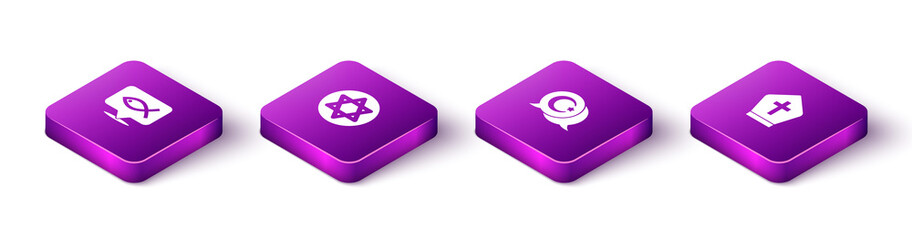 Set Isometric Christian fish, Star of David, and crescent and Pope hat icon. Vector.