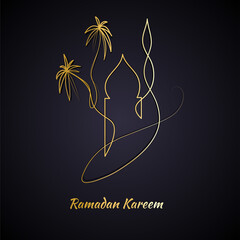 Vector Illustration of Golden Ramadan Kareem Line Art Drawing. Good for Greeting Card, Cover, Poster, Banner, Invitation, and others.