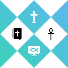 Obraz premium Set Holy bible book, Christian fish, cross and Cross ankh icon. Vector.