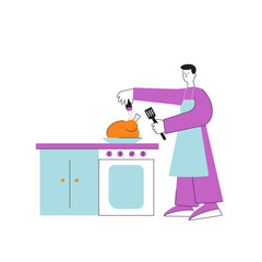 Vector flat illustration of a woman cooking at the kitchen.