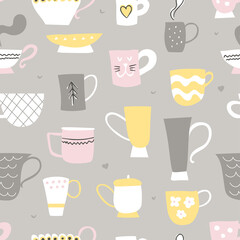 Seamless pattern with cups on gray background. Design for fabric and paper, surface textures.