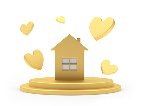 Gold House Icon On A Stand With Hearts Around. 3d Illustration 