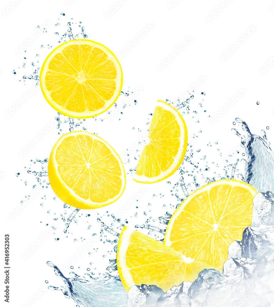 Poster lemon water splash and ice cubes isolated on white