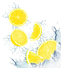 lemon water splash and ice cubes isolated on white