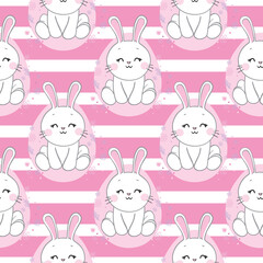 Seamless pattern with daisy garden and rabbits on pink background vector illustration.