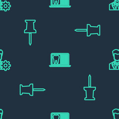 Set line Laptop with dental card, Push pin and Profile settings on seamless pattern. Vector.