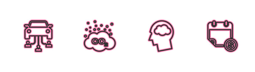 Set line Car sharing, Head silhouette with cloud, CO2 emissions and Financial calendar icon. Vector.