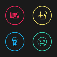Set line Light bulb, Sad smile, with wind turbine and Solar energy panel and light icon. Vector.