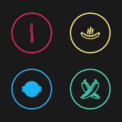 Set line Barbecue grill with sausage, Crossed hot chili pepper pod, Sausage and knife icon. Vector.