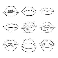 Set of sketches vector illustrations-Mouth with teeth. Female lips isolated on a white background.