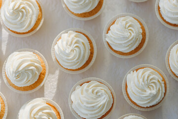 Delicious vanilla cupcakes with cream cheese frosting, white background, selective focus.