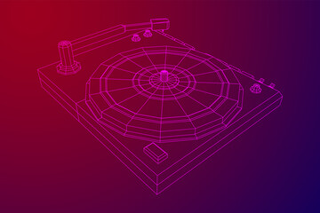 Vinyl turntable audio device. Wireframe low poly mesh vector illustration.