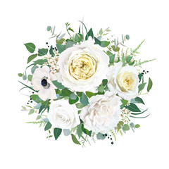 Floral elegant wedding round bouquet vector watercolor editable illustration. Tender cream yellow cabbage garden Rose, white anemone, ivory wax flower, Eucalyptus green leaves, branches, fern greenery
