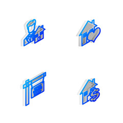 Set Isometric line House with heart shape, Realtor, Hanging sign Open house and dollar icon. Vector.