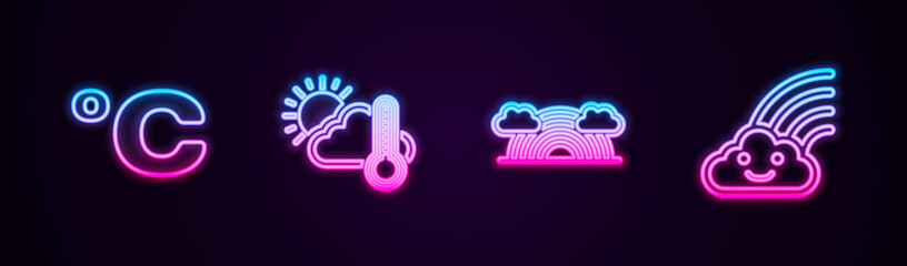 Set line Celsius, Thermometer and cloud, sun, Rainbow with clouds and . Glowing neon icon. Vector.