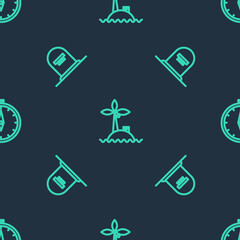 Set line Tropical island in ocean, Tombstone with RIP written and Compass on seamless pattern. Vector.