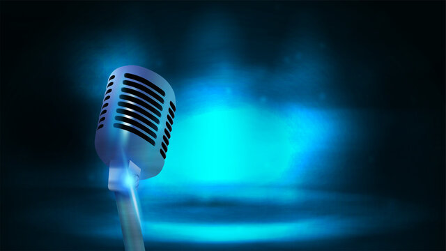 Single silver old school broadcast microphone on background with dark and blue empty scene. Poster with microphone and copy space