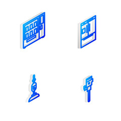 Set Isometric line Refrigerator, Vending machine, Vacuum cleaner and Construction jackhammer icon. Vector.