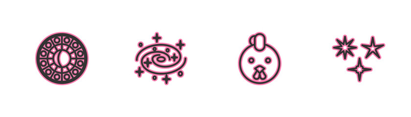 Set line Astrology horoscope circle, Rooster zodiac, Milky way spiral galaxy and Falling star icon. Vector.