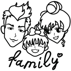 Family: mother, father and little daughter. Vector black and white illustration.