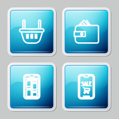 Set line Shopping basket, Wallet with paper money cash, Online shopping phone and Mobile and cart icon. Vector.