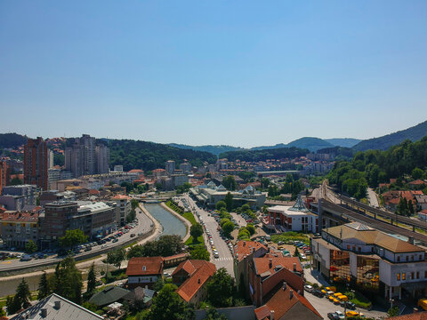 The aerial view to the city center of Uzice, Serbia