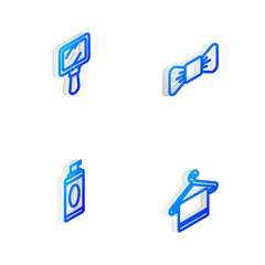 Set Isometric line Bow tie, Hand mirror, Shaving gel foam and Towel on hanger icon. Vector.