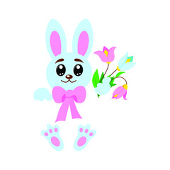 Cute blue rabbit with a bouquet of spring flowers on a white isolated background. Vector spring illustration.