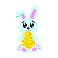 Cute Easter blue bunny holding colored Easter eggs on white on a white isolated background. Vector spring illustration in flat cartoon design.