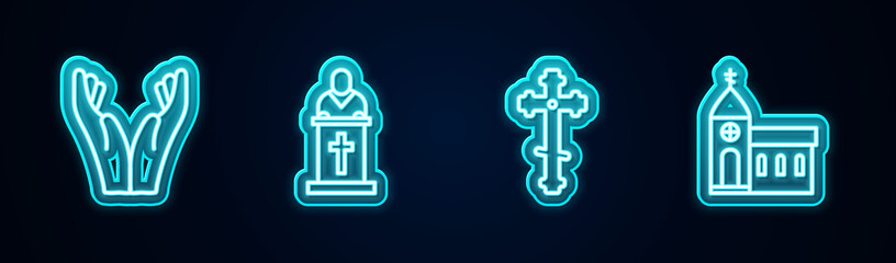 Set line Hands in praying position, Church pastor preaching, Christian cross and building. Glowing neon icon. Vector.