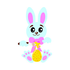 A blue easter bunny holding a paintbrush and an egg on a white isolated background. Vector easter drawing hare paint egg flat, cartoon design.