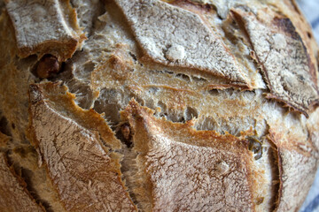 Golden crust. Sourdough bread close up photo. 