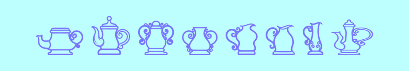 set of cute tea pot collection cartoon icon design template with various models. vector illustration isolated on blue background