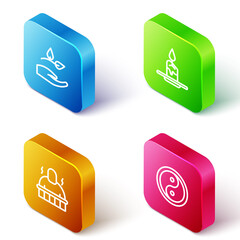 Set Isometric line Leaf in hand, Aroma candle, Sauna spa procedures and Yin Yang icon. Vector.