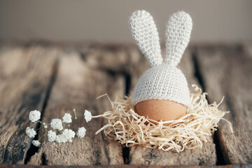 Easter egg in a crocheted hat with bunny ears in a nest on old wooden boards. Home happy easter decoration concept.