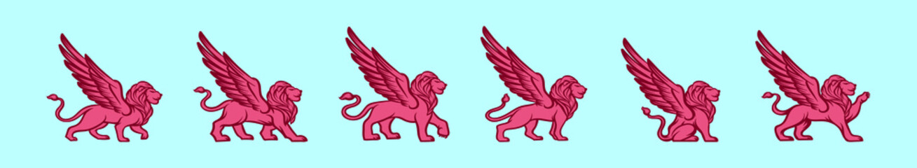 set of winged lion cartoon icon design template with various models. vector illustration isolated on blue background