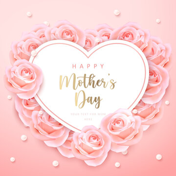 Happy mother's day heart shape card banner pink elegant rose flower ring and pearl with girlish pink gradient background