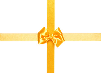 Fototapeta premium Festive golden gift ribbon and bow isolated on white background cutout