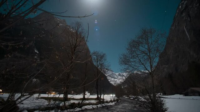 Lauterbrunnen in Winter at Night Moon, Stars, Mountains and Stream Time Lapse
