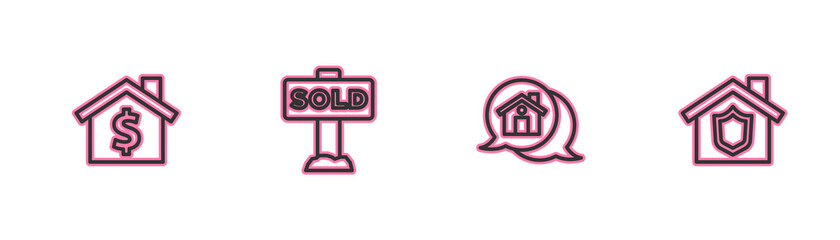 Set line House with dollar symbol, Real estate message house, Hanging sign text Sold and shield icon. Vector.