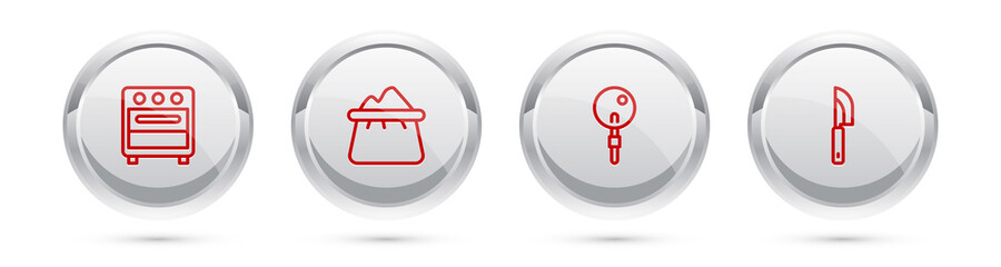 Set line Oven, Bag of flour, Lollipop and Knife. Silver circle button. Vector.