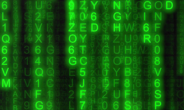 Green glowing random computer symbols falling down, code rain (a popular sci-fi movie effect). Concepts: a cryptic technology, source code, hacking, AI takeover.

