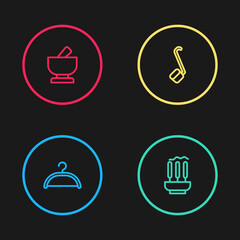 Set line Hanger wardrobe, Incense sticks, Sauna ladle and Mortar and pestle icon. Vector.
