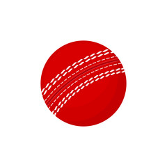 Red сricket ball, icon isolated on white background. Concept sport equipment. Cartoon realistic style. Vector illustration.
