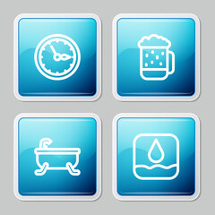 Set line Sauna clock, Wooden beer mug, Bathtub and Water drop icon. Vector.