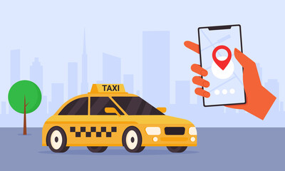 Coloful horisontal banner. Hand holding smartphone with taxi app, in the background, taxi car, cityscape. Mobile application for online cab booking. Cartoon flat design. Vector illustration.